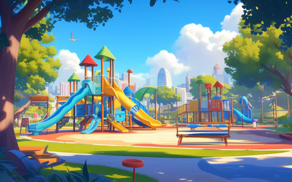 Colorful playground with slides and swings HD desktop wallpaper and background.