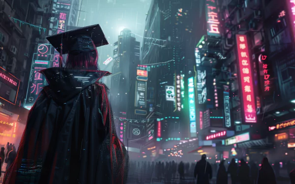 Cyberpunk-themed graduation HD wallpaper featuring a figure in graduation attire overlooking a futuristic neon-lit cityscape.