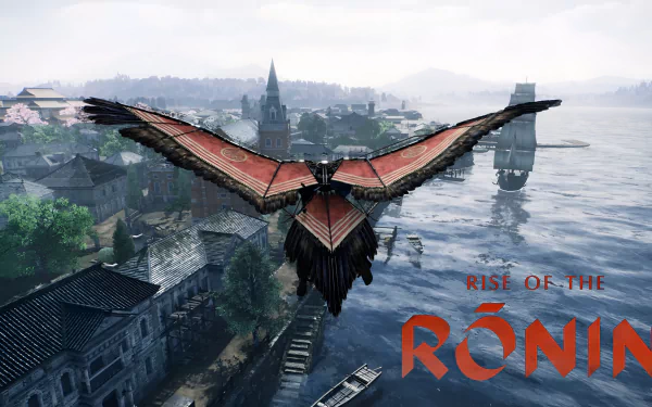 HD wallpaper featuring a bird's eye view of a coastal town from Rise of the Ronin video game.