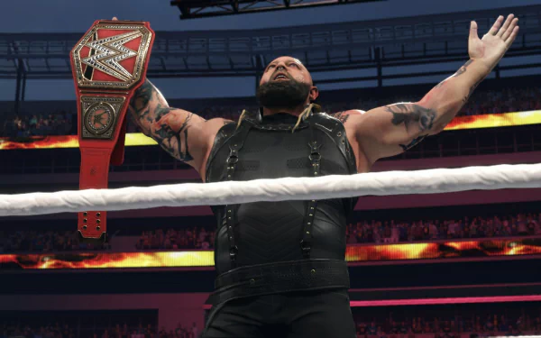 Wrestler celebrating victory in the ring with championship belt in WWE 2K24 video game HD desktop wallpaper.