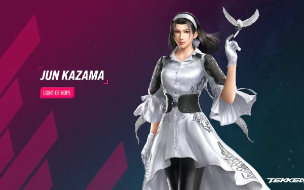 Jun Kazama from Tekken 8 stands in an elegant pose, holding a bird, set against a vibrant background. This HD wallpaper captures her grace and strength in the game.