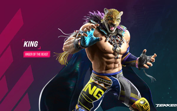 HD wallpaper featuring King, the character from Tekken 8, stands confidently with his leopard mask and vibrant attire, showcasing his fierce persona in the fighting game world.