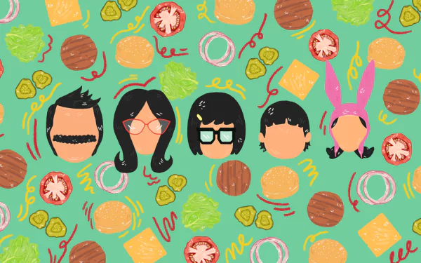 HD desktop wallpaper featuring Bob's Burgers characters Tina, Linda, and Gene Belcher in a whimsical design with burger and ingredient motifs for TV show fans.