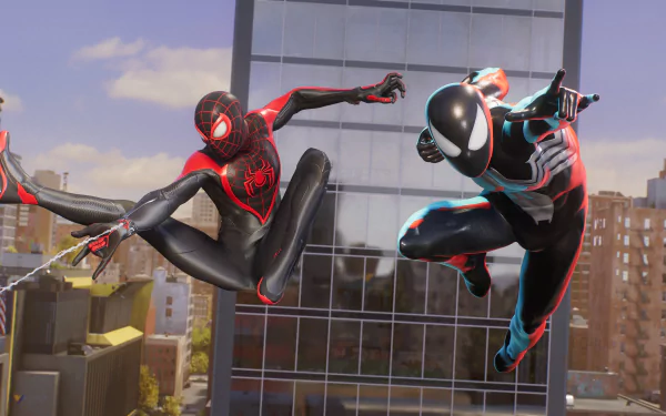 4K Ultra HD PC desktop wallpaper and background from Marvel's Spider-Man 2 video game: two Spider-Men leaping and swinging between glass skyscrapers.