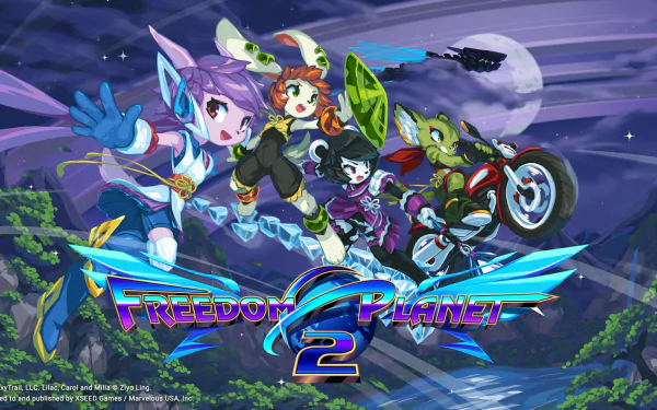 HD desktop wallpaper featuring characters from the video game Freedom Planet 2, with a dynamic and colorful background showcasing adventure and action.