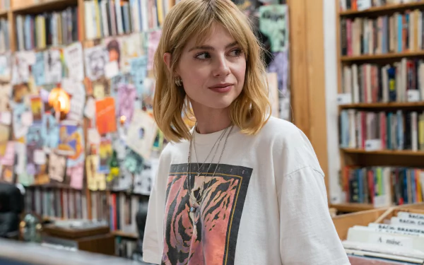 A charming HD wallpaper featuring Lucy Boynton in The Greatest Hits, set against a vibrant backdrop of books and art, capturing a moment of creativity and youthfulness.