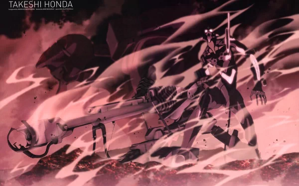 A dramatic HD desktop wallpaper featuring Evangelion Unit-01 and Unit-00 from the anime Neon Genesis Evangelion, set against a dynamic background of swirling colors.