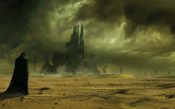 HD fantasy adventure wallpaper featuring a mysterious cloaked figure observing distant ruins under a stormy sky.