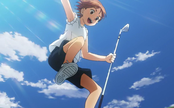 HD anime wallpaper featuring a dynamic scene from Oi! Tonbo with a character enthusiastically playing sports against a vibrant blue sky background.