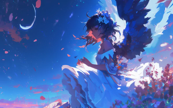 Anime angel girl with blue wings sitting amidst a blossoming floral landscape under a twilight sky, HD desktop wallpaper.