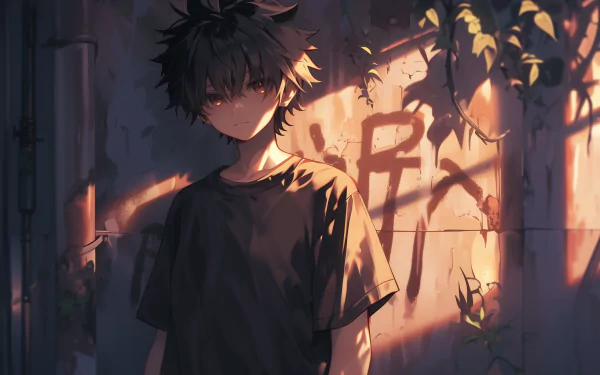 An anime boy stands against a graffiti-covered wall, shadows playing across his face, evoking a moody atmosphere. This HD image serves as an impactful desktop wallpaper.