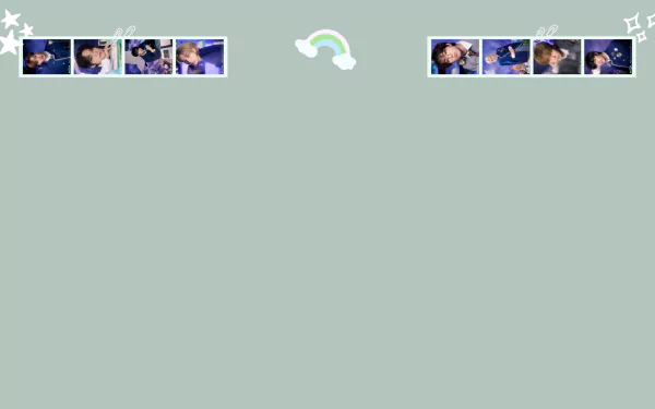 HD PC desktop wallpaper with a muted green background, tiny film-strip portraits of a boy band in blue tones at the top corners, and a small rainbow and white doodle accents.