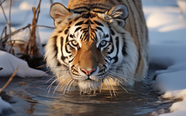 A majestic tiger wades through a shimmering pool, surrounded by snow, showcasing its striking features and intense gaze, making for a captivating HD desktop wallpaper.