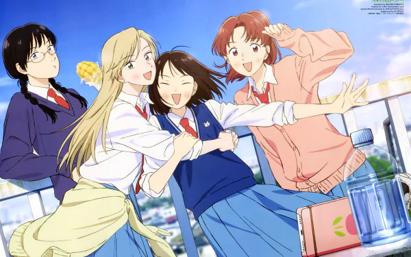 Skip and Loafer anime 5K Ultra HD PC wallpaper: four smiling schoolgirls on a sunlit rooftop balcony, blue sky and city skyline behind them.