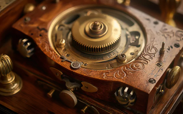 Close-up HD wallpaper of a carved wooden music box with intricate details and metallic elements.