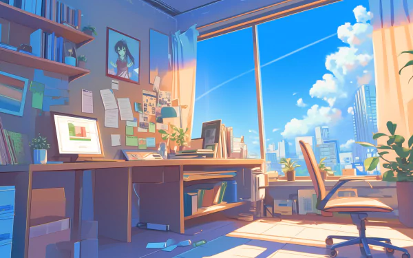 HD anime-style room wallpaper featuring a sunny home office with a cityscape view.