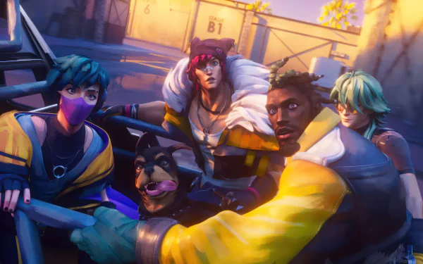 A vibrant HD wallpaper featuring characters from League of Legends: K'Sante, Sett, and Aphelios, showcasing a dynamic scene in an urban setting.