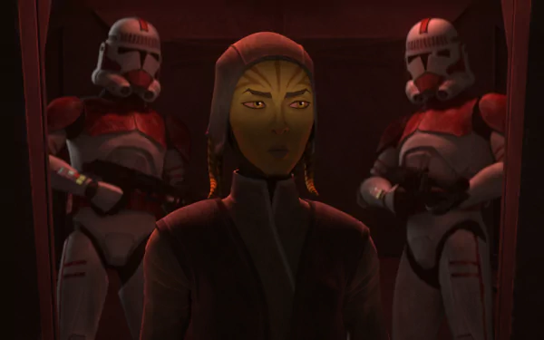 Star Wars: Tales of the Empire HD wallpaper featuring an animated character flanked by two clone troopers.