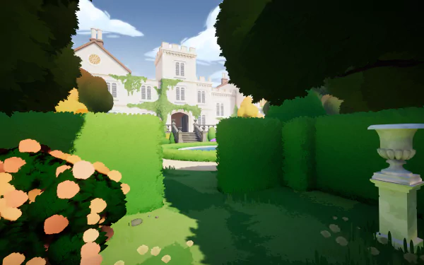 HD Wallpaper of Botany Manor from a Video Game, featuring a lush garden path and elegant manor house.