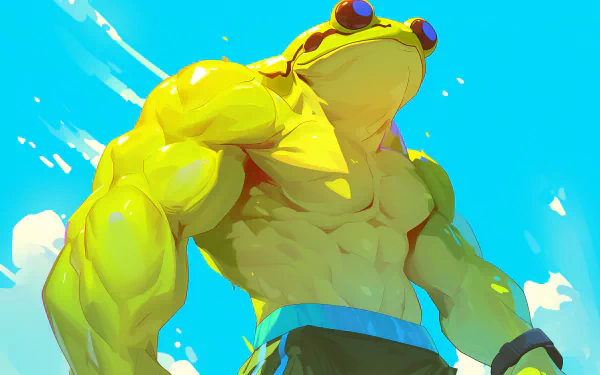 A vibrant HD wallpaper featuring a muscular frog with exaggerated biceps and a confident pose, embodying the essence of a giga chad. Bright blue sky enhances the dynamic scene.