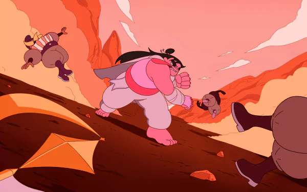 HD desktop wallpaper from the video game Let's! Revolution! depicting a dynamic scene with characters in action against a pinkish-orange landscape.