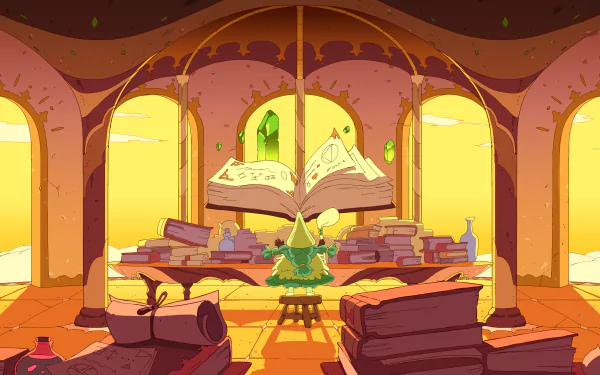 HD desktop wallpaper from the video game Let's! Revolution! featuring a cozy, sunlit room with an open magical book on a stand, surrounded by piles of books and mystical objects.