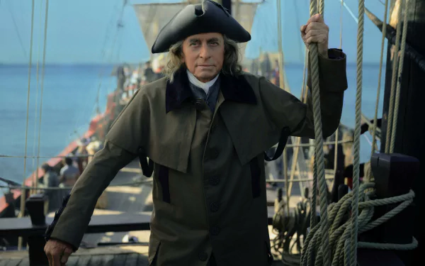 HD desktop wallpaper featuring a character from the TV show Franklin, dressed in period costume on the deck of a ship.