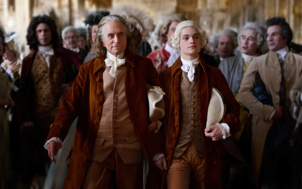 HD desktop wallpaper featuring two actors dressed in elegant 18th-century costumes, walking through a crowd of similarly dressed background characters, presumably from the TV show Franklin.