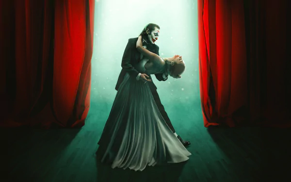 An HD desktop wallpaper featuring a character inspired by the movie Joker: Folie à Deux, elegantly posed in front of red curtains, donning a long dress and the iconic Joker makeup.