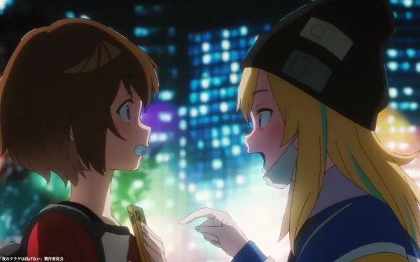 HD anime wallpaper featuring two characters, one with short brown hair and the other with long blonde hair, having a conversation with a colorful bokeh light backdrop, titled Jellyfish Can’t Swim in the Night.