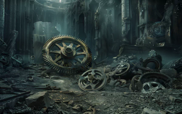 HD wallpaper depicting a scene of an abandoned place filled with scattered and rusted gears and mechanical parts, creating a somber and forsaken atmosphere.