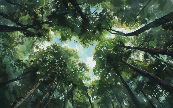 HD desktop wallpaper featuring a lush green tree canopy with sunlight filtering through the leaves, evoking a tranquil natural scene.