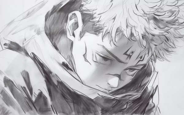 HD desktop wallpaper featuring a black and white sketch of Sukuna from the anime Jujutsu Kaisen, showcasing a detailed and intense expression.
