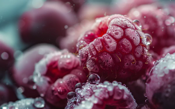HD desktop wallpaper featuring a close-up of glistening fresh raspberries with water droplets, highlighting the texture and vibrant color of the berries.