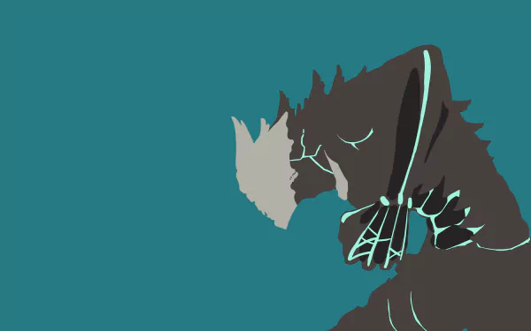 HD wallpaper featuring a stylized silhouette of Kafka Hibino from Anime, Kaiju No. 8, set against a teal background.