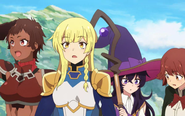 Alt Text: HD desktop wallpaper featuring characters from the anime Chillin' in Another World with Level 2 Super Cheat Powers with a scenic sky in the background.