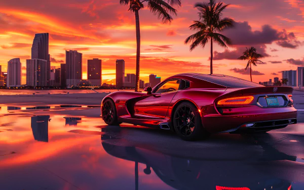 HD wallpaper of a Dodge Viper GTS car against a vivid sunset backdrop with reflective water in the foreground and silhouetted palm trees.