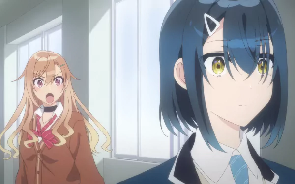 HD anime wallpaper featuring characters from The Many Sides of Voice Actor Radio, with a surprised girl in the background and a calm girl in the foreground.