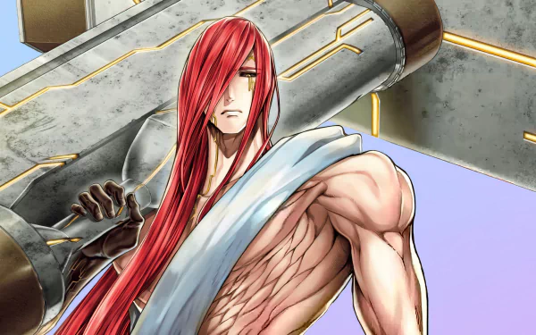 HD desktop wallpaper featuring the anime character Thor from Record of Ragnarok, with long red hair, a muscular build, and carrying a massive hammer.