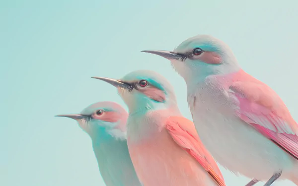 HD desktop wallpaper featuring three pastel-colored birds against a soft blue background.