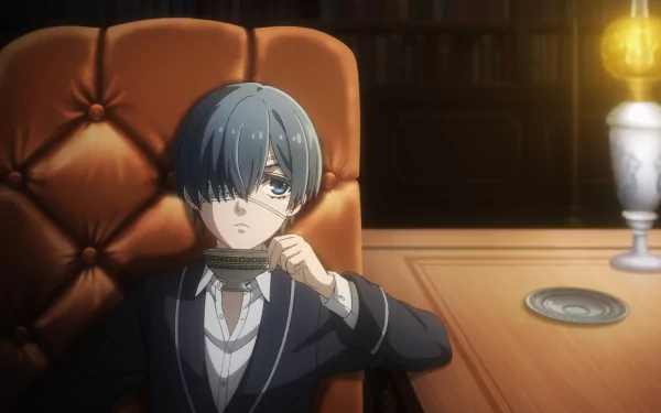 A character from the anime Black Butler sits thoughtfully in a plush chair, light illuminating a sophisticated study, creating a captivating HD desktop wallpaper.