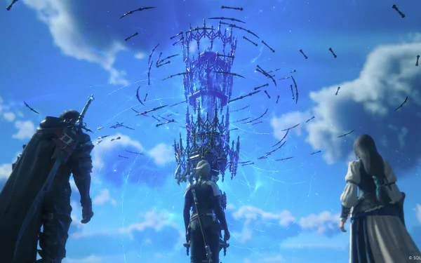 HD desktop wallpaper of Final Fantasy XVI featuring two characters gazing at a mystical floating structure against a clear blue sky.