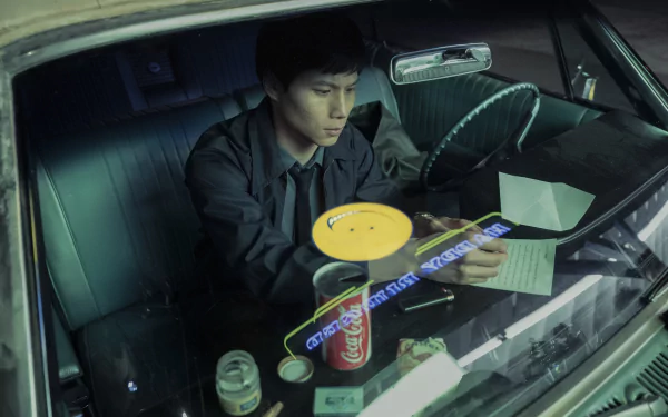 HD desktop wallpaper from The Sympathizer TV Show featuring a character examining documents in a car at night.