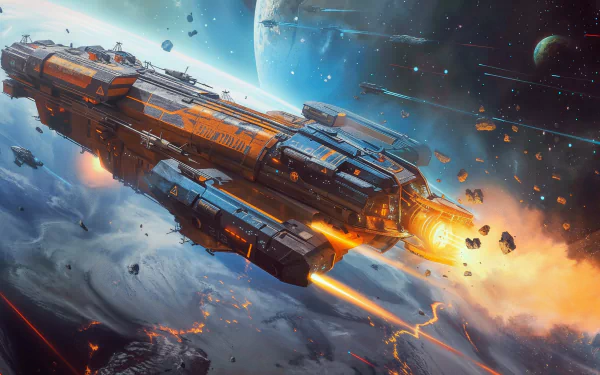 A high-definition desktop wallpaper featuring a detailed sci-fi scene with a large spaceship traveling through space amidst a backdrop of planets and a fiery cosmic environment.