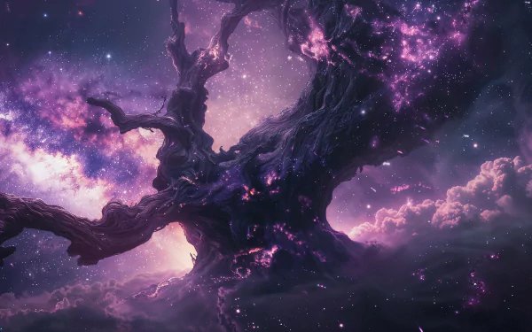 A high-definition sci-fi wallpaper featuring a colossal tree-like structure amidst a cosmic backdrop with stars and nebulae in shades of purple and pink.