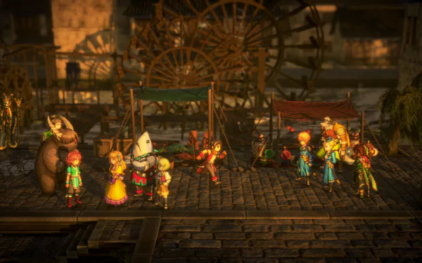 High-definition desktop wallpaper featuring a scene from the video game Eiyuden Chronicle: Hundred Heroes with a group of animated characters in a rustic town setting.