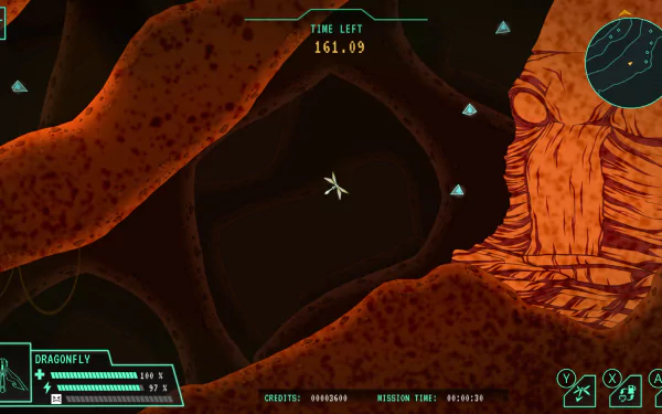 HD desktop wallpaper from the video game Lunar Lander: Beyond depicting a spacecraft navigating through cavernous orange terrain with game UI elements displaying time left and navigation data.