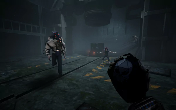 HD desktop wallpaper featuring a scene from the video game Phantom Fury, with a character in a dark, industrial environment poised for action.