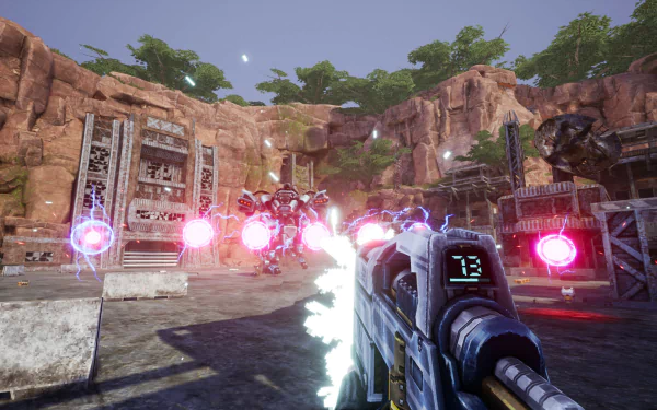 HD wallpaper of a first-person perspective in the video game Phantom Fury, showcasing a player firing a weapon with energy projectiles at an enemy in a rocky, outdoor environment.