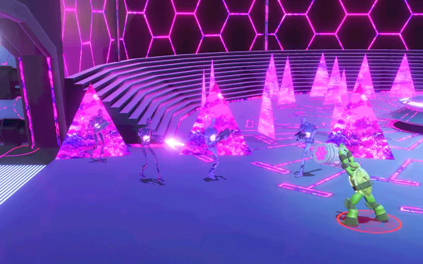 A Ninja Turtle character battling enemies in a neon-lit, futuristic setting from the video game Teenage Mutant Ninja Turtles Arcade: Wrath of the Mutants - HD desktop wallpaper.